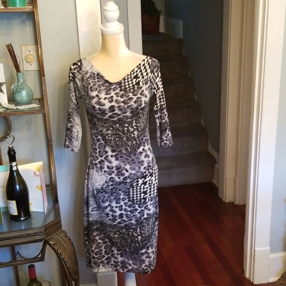 Joseph Ribkoff Mixed-Print Houndstooth Leopard Midi Dress